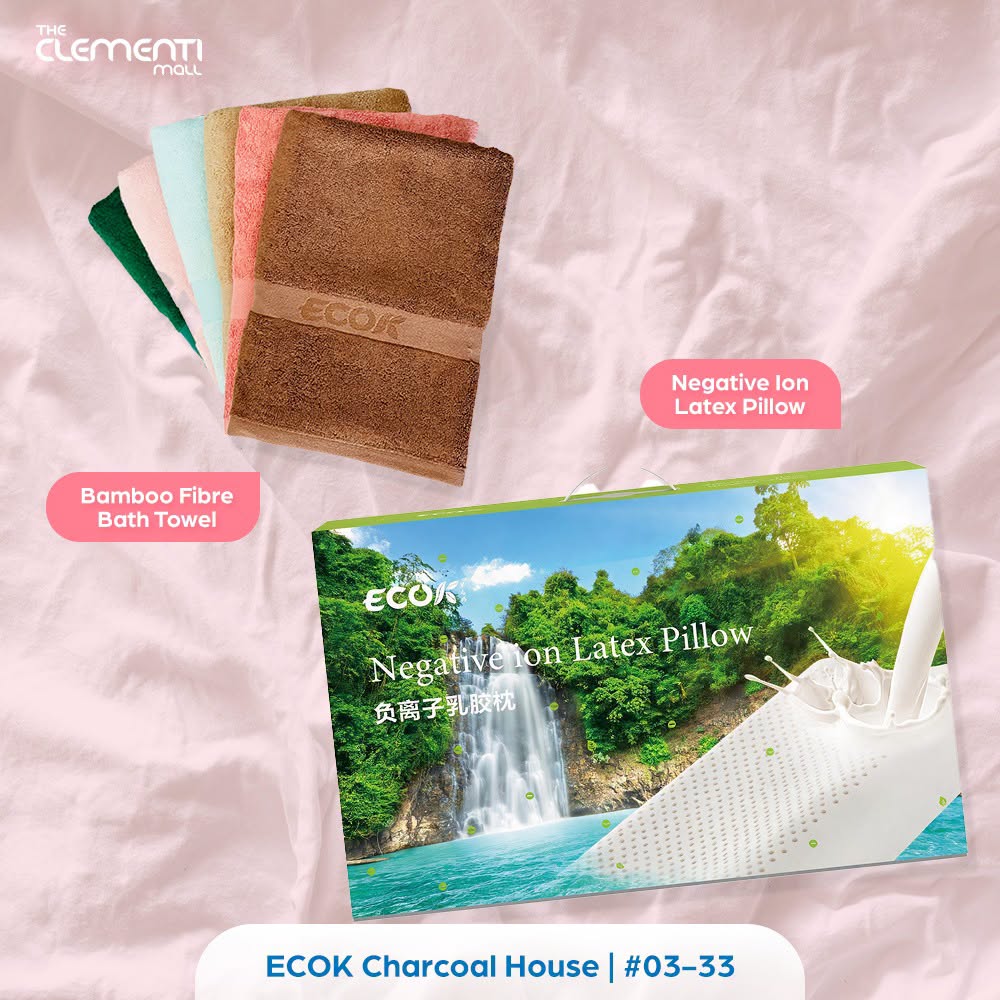 ECOK Charcoal House bamboo fibre bath towel and negative ion latex pillow