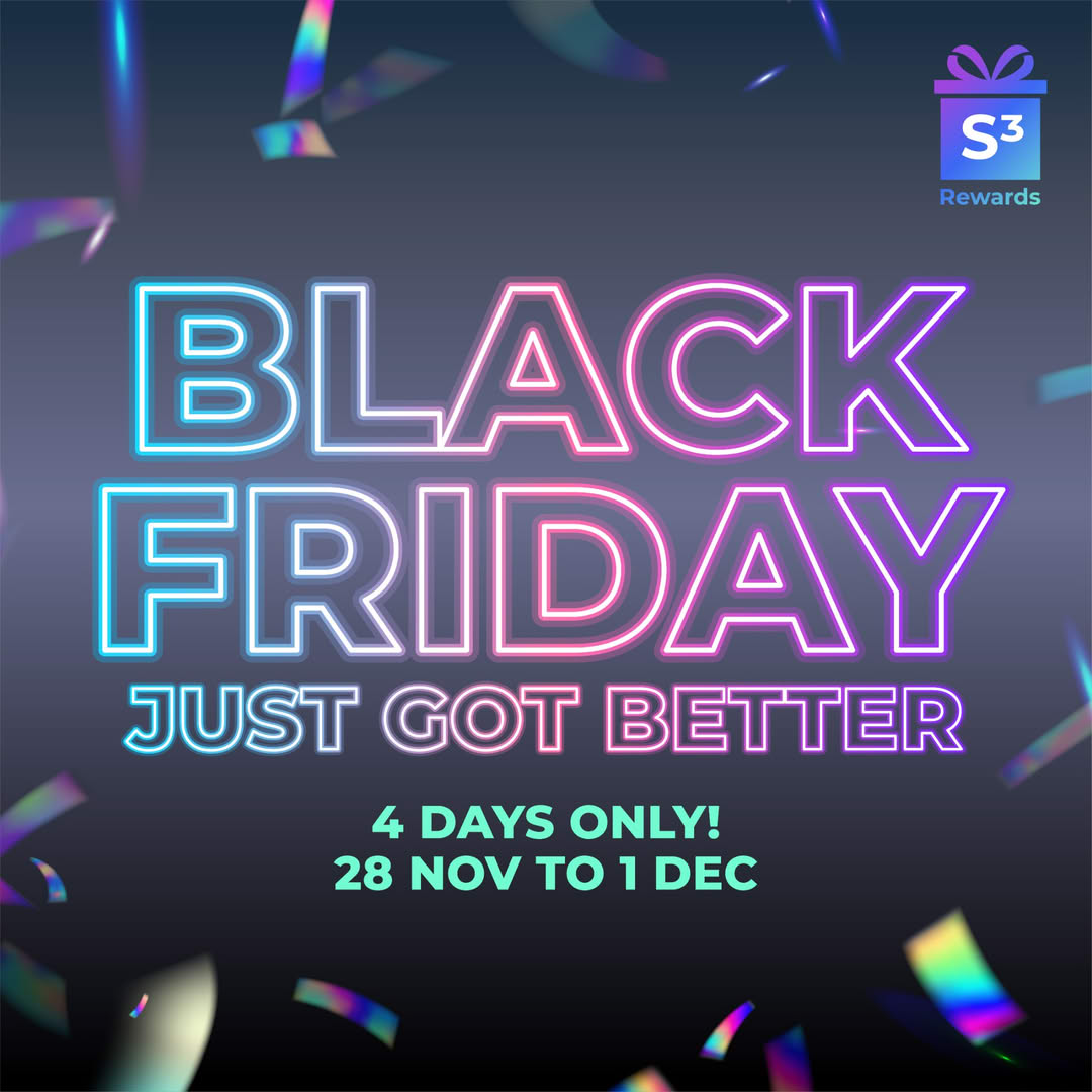 S3 Rewards Black Friday promotional image featuring shopping bags and rewards