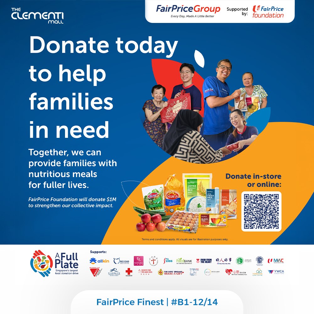 Volunteers and donated grocery bundles for FairPrice Group's A Full Plate initiative.