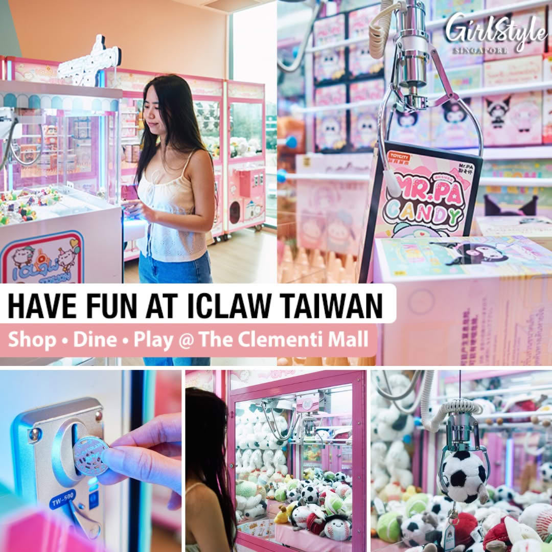 A vibrant scene inside iClaw Taiwan, an arcade featuring various claw machines, located at The Clementi Mall.