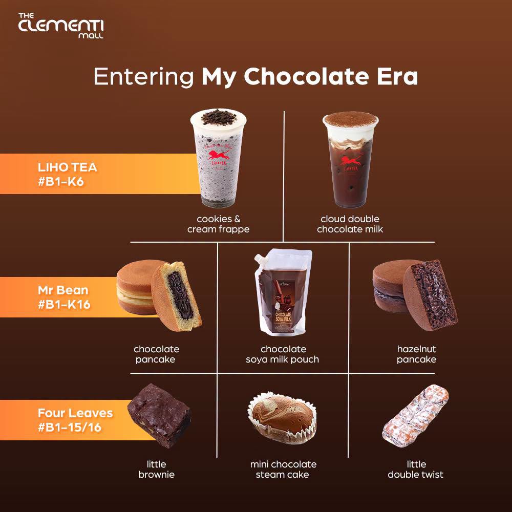 Chocolate-themed treats from LIHO TEA, Mr Bean, and Four Leaves at The Clementi Mall