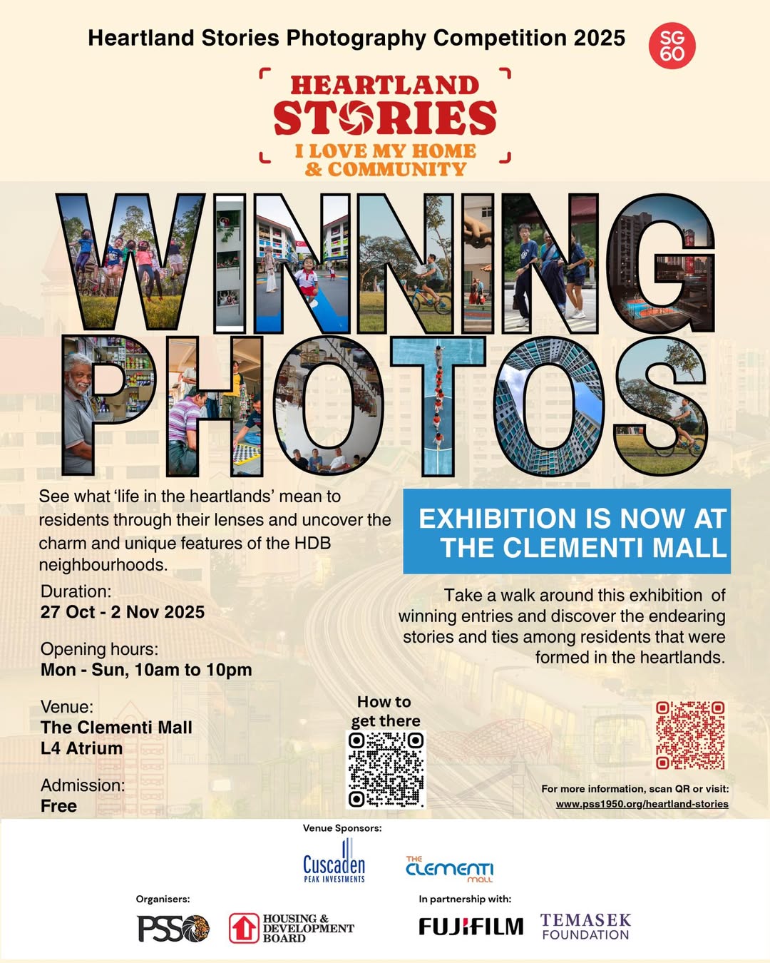 A vibrant display of photographs showcasing community life at the Heartland Stories Exhibition.