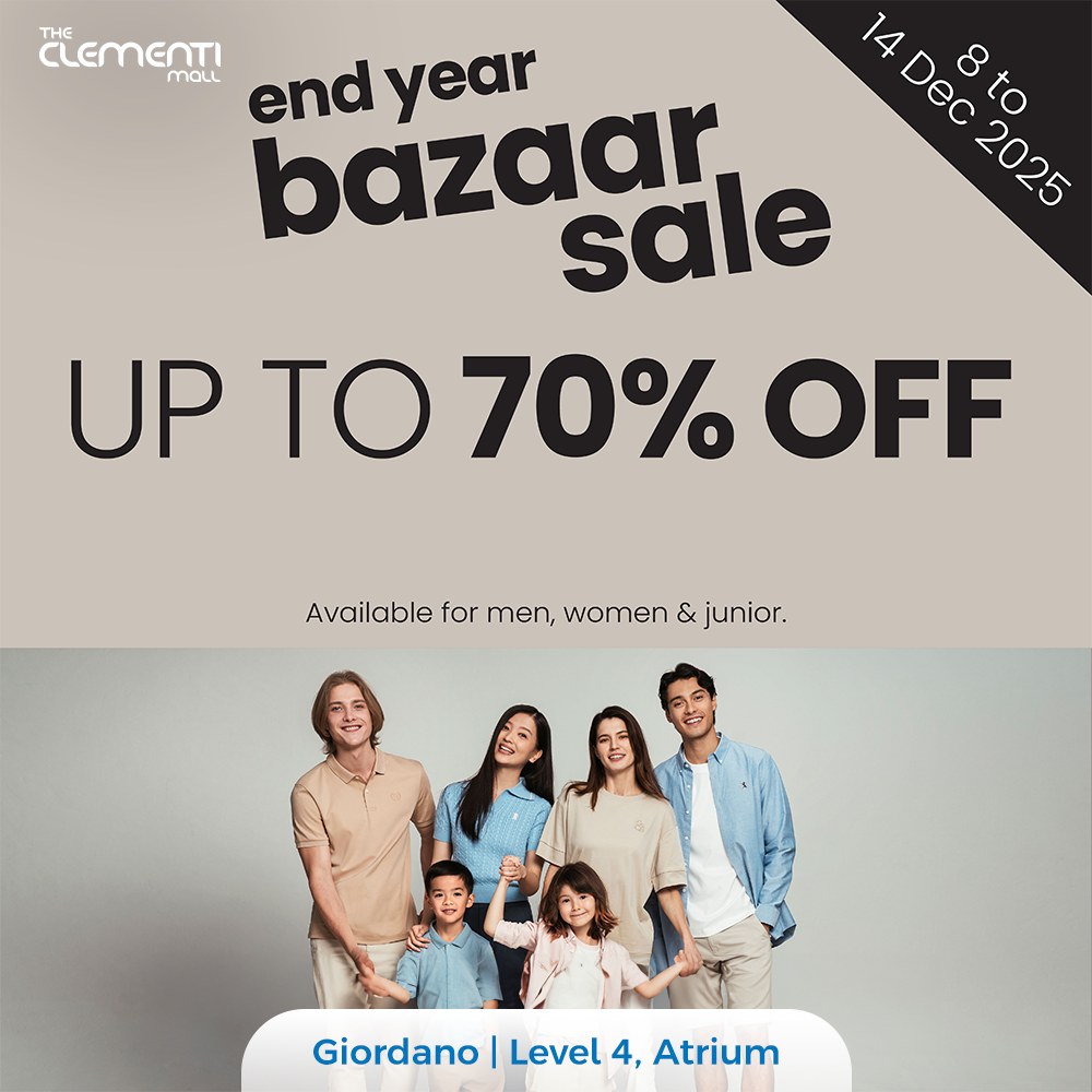 Giordano Bazaar Sale promotional image featuring clothing for men, women, and children