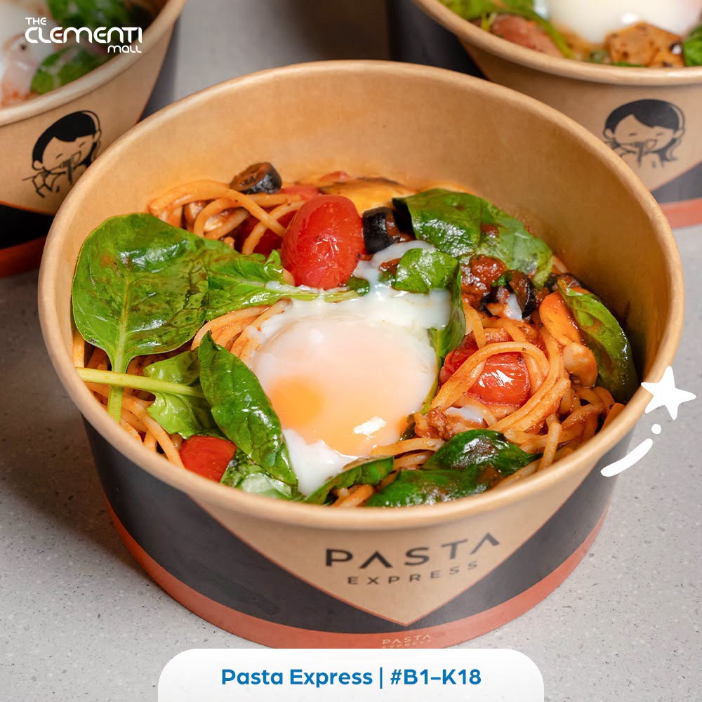 Pasta Express spaghetti with spinach, cherry tomatoes, mushrooms and fried egg at The Clementi Mall