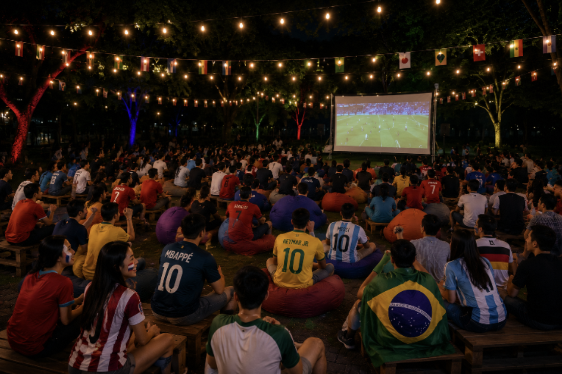 Football Finals Watch Party Carnival at a Singapore screening venue with mini games and complimentary refreshments